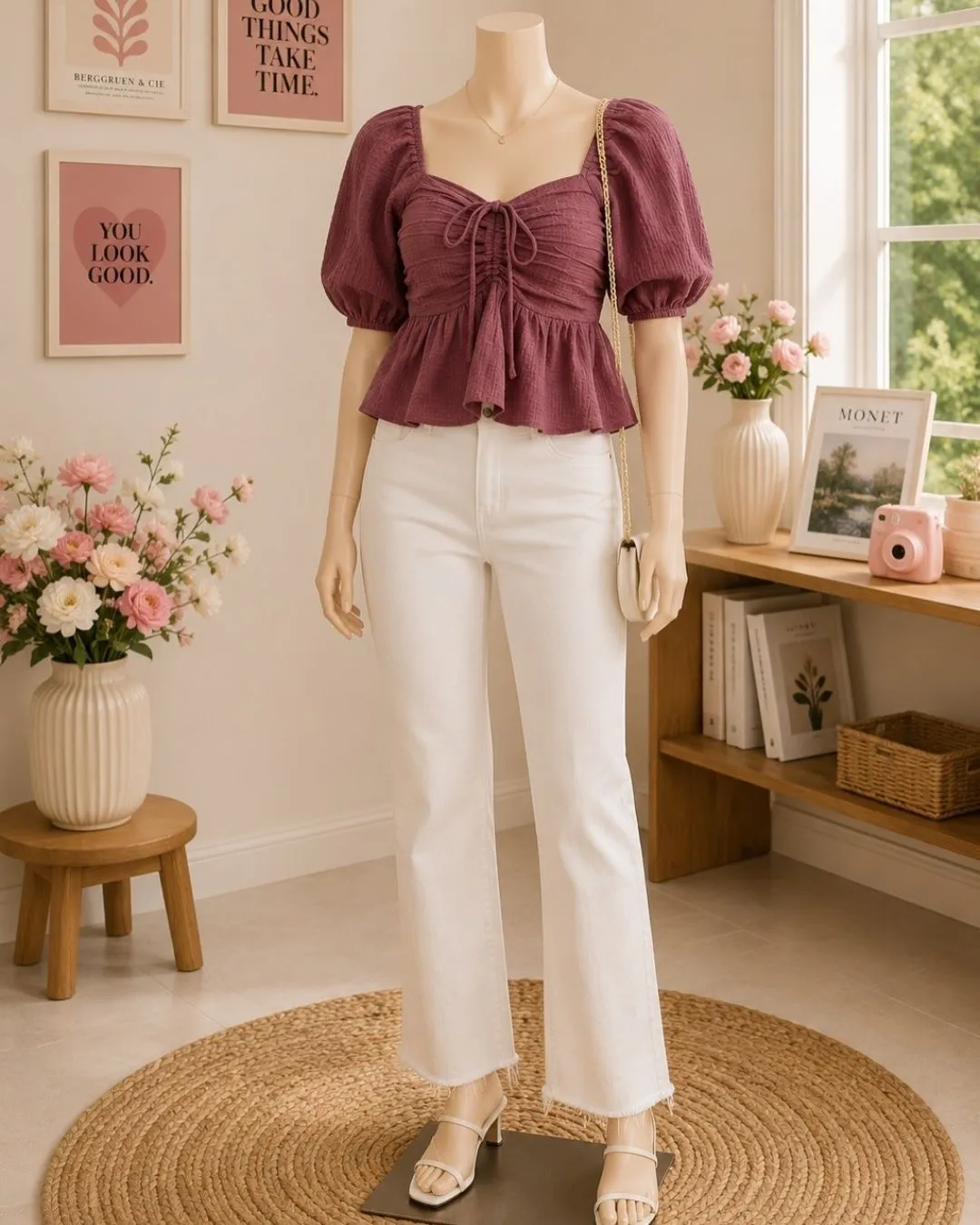 Chic Plum Peplum Top & White Denim Flare Set