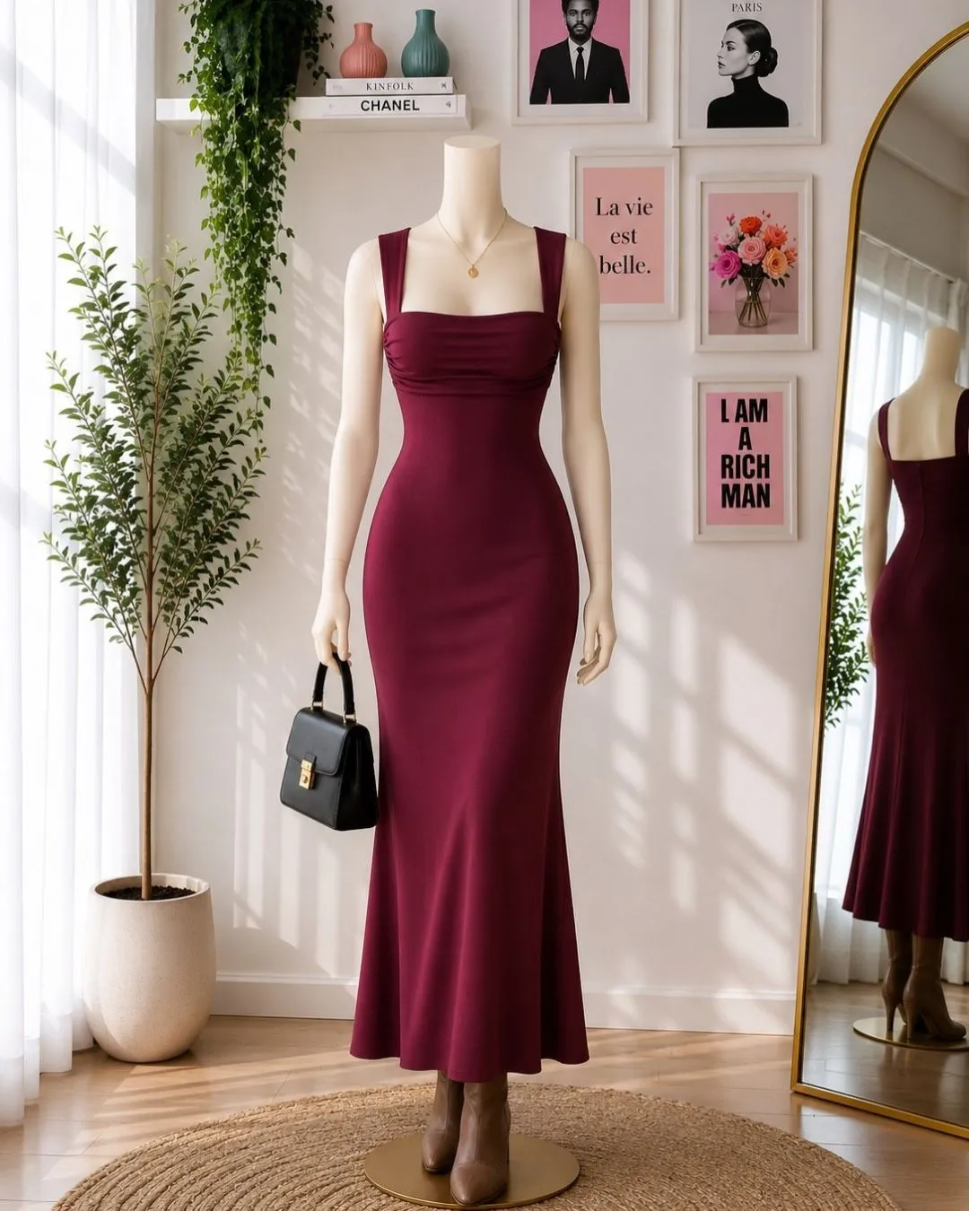 Sophisticated Maroon Ruched-Bust Midi Evening Gown