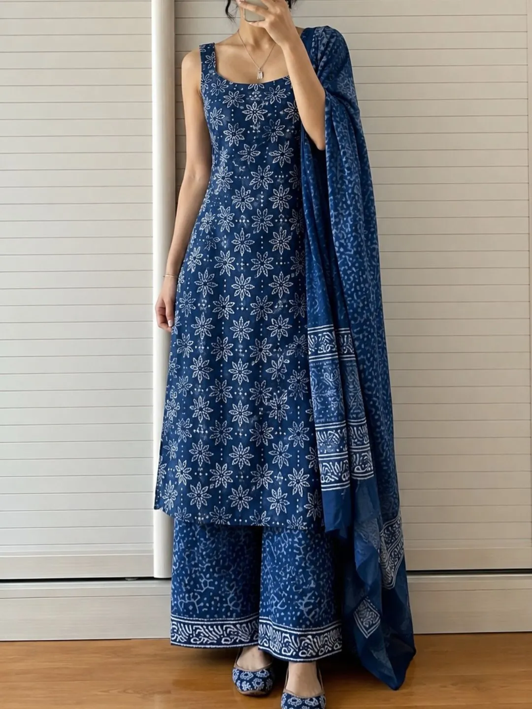 Indigo Blue Floral Block Print Sleeveless Kurta Set