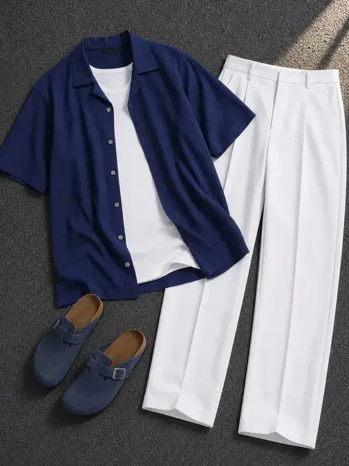Navy Blue Textured Overshirt & Crisp White Trousers Ensemble