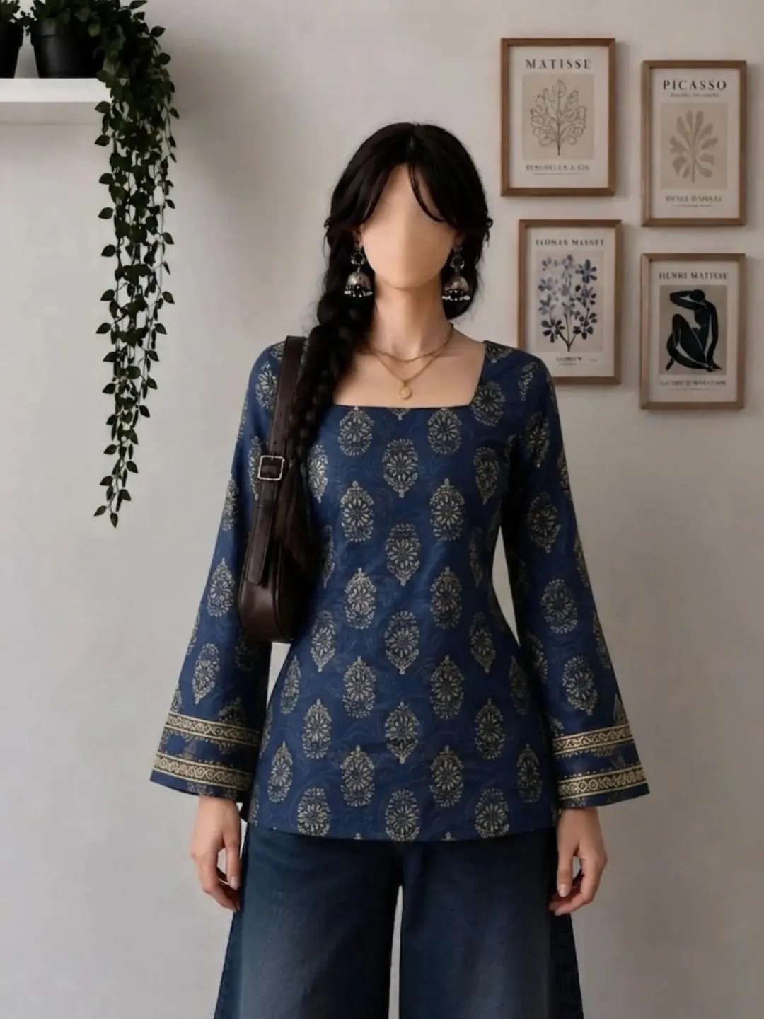 Midnight Blue Gold Motif Fusion Tunic Top