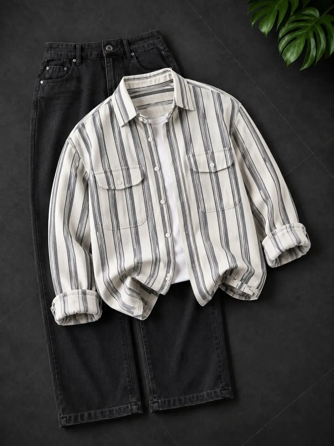 Striped Overshirt and Denim Trouser Set