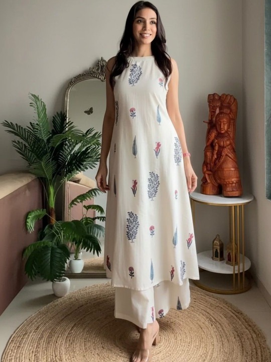 White Block Print Kurta Set