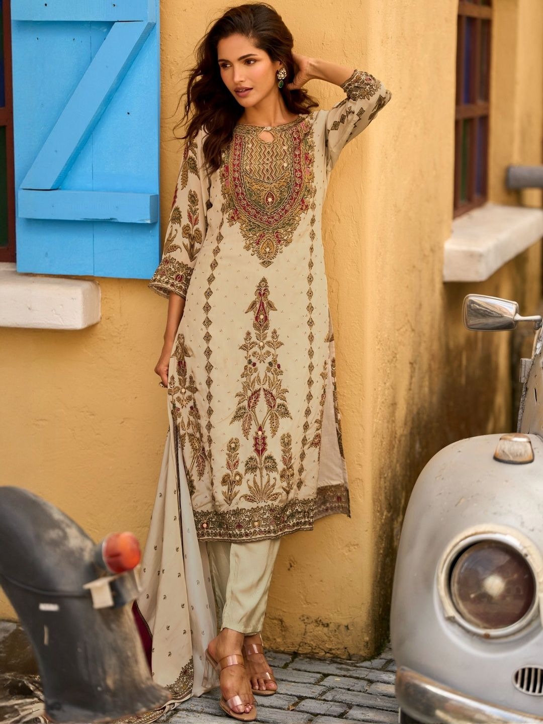 Embroidered Beige Kurta Suit