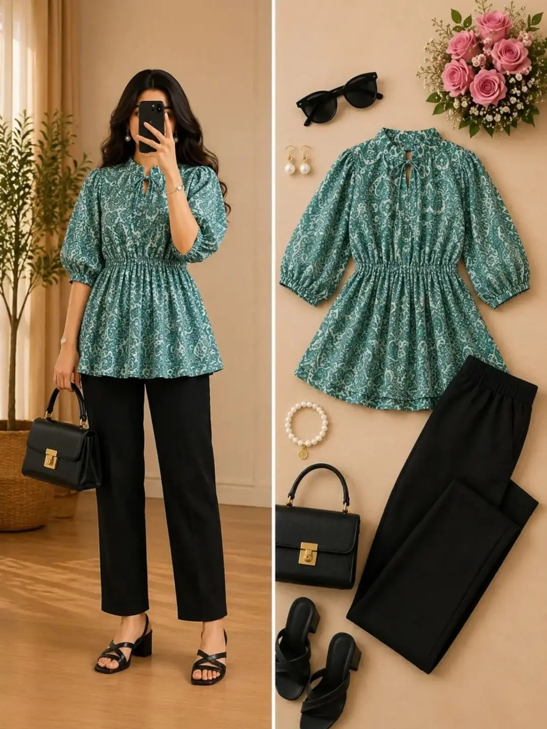 Women's Teal Green Floral Printed Peplum top