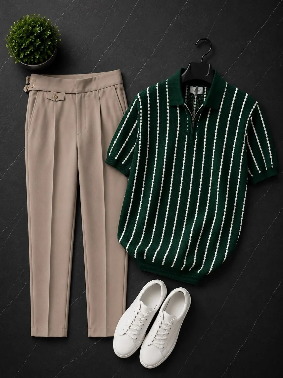 Men's Green Vertical-Striped Knit Zip-Polo with Beige Trousers