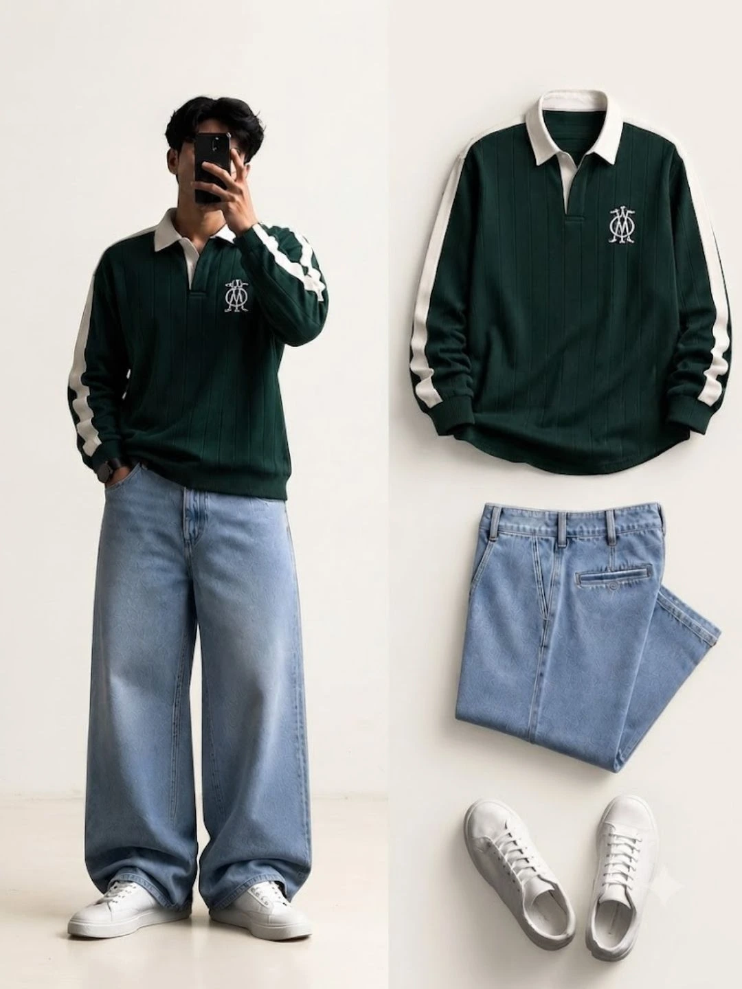 Men's Forest Green Long-Sleeve Rugby Polo with Light Blue Wide-Leg Jeans