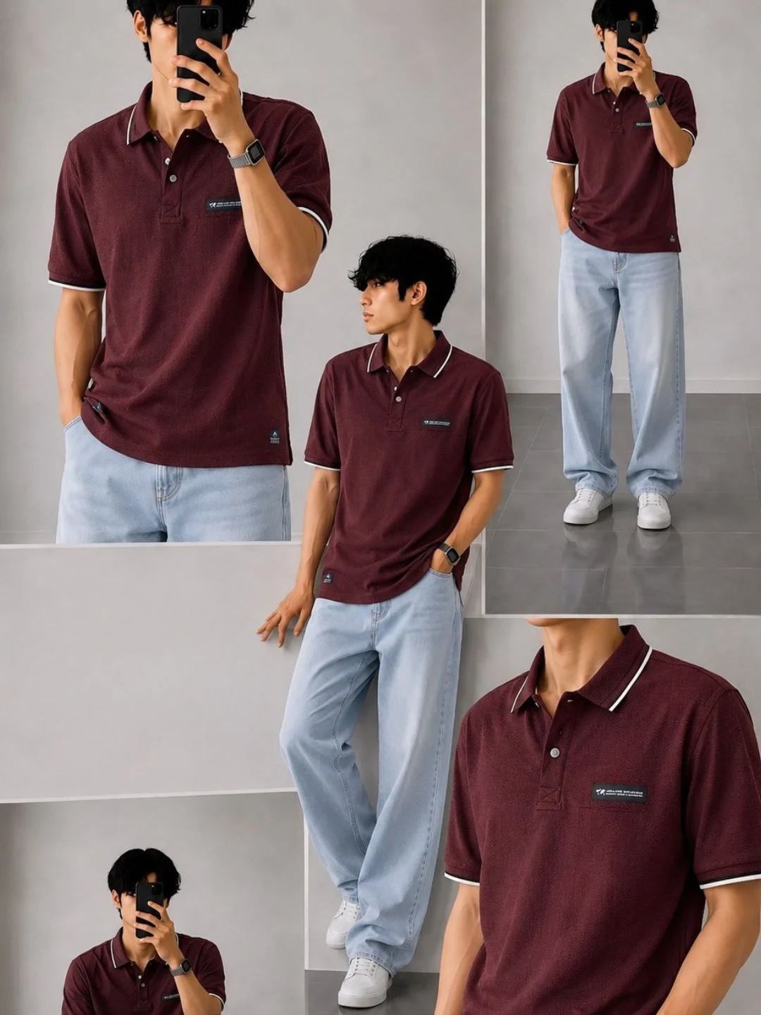 Men's Maroon Short-Sleeve Polo Shirt with Light Blue Wide-Leg Jeans