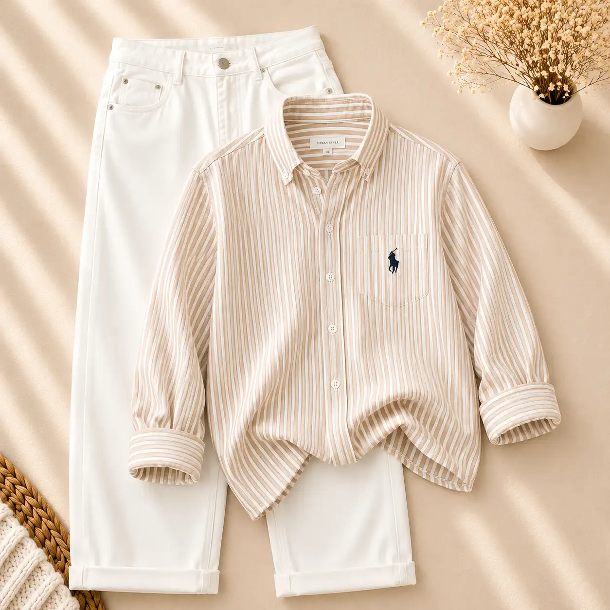 Refreshing Mint Green Striped Shirt and Crisp White Trousers Set