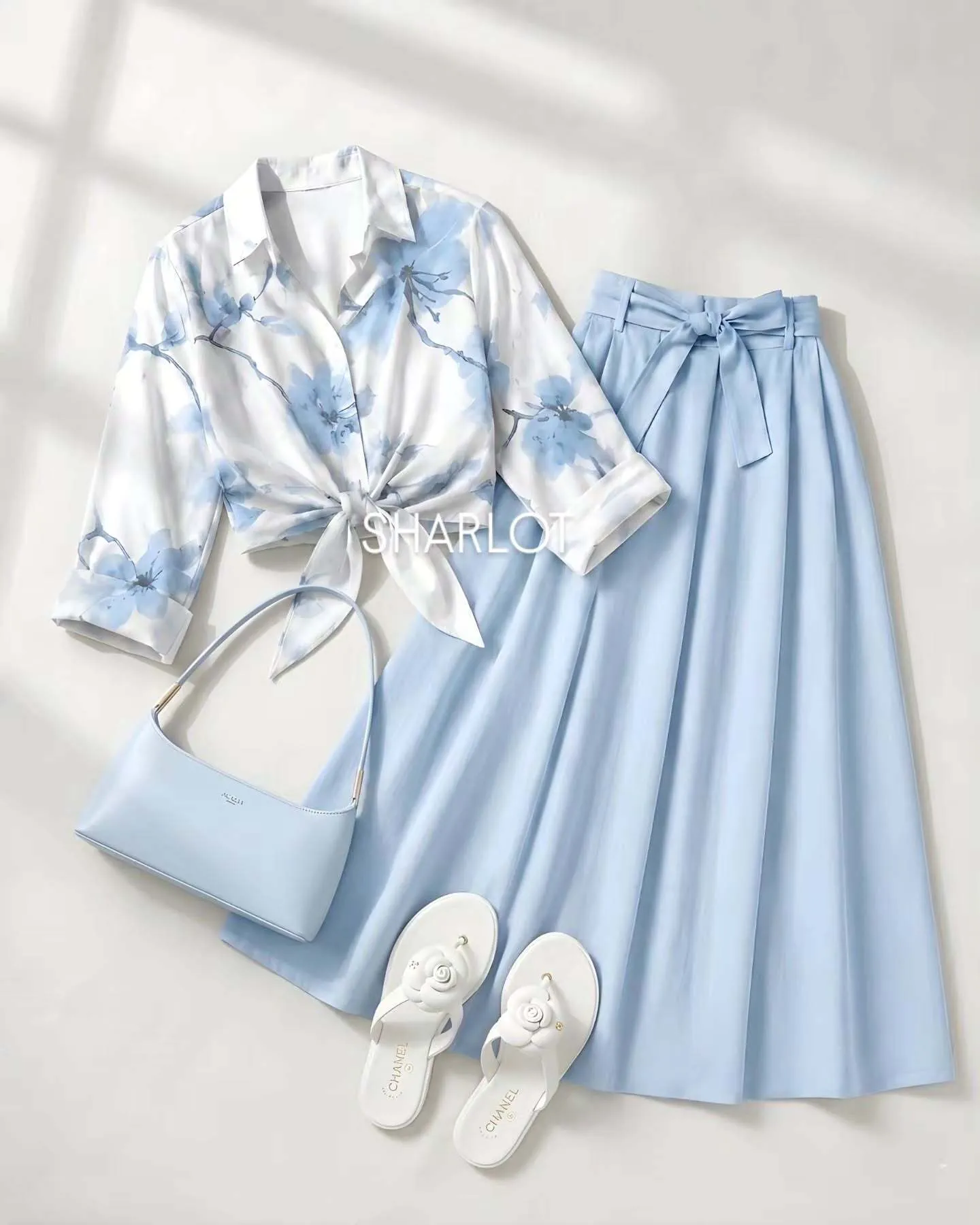 Sky Blue Floral Shirt with Flared Midi Skirt Co-ord Set