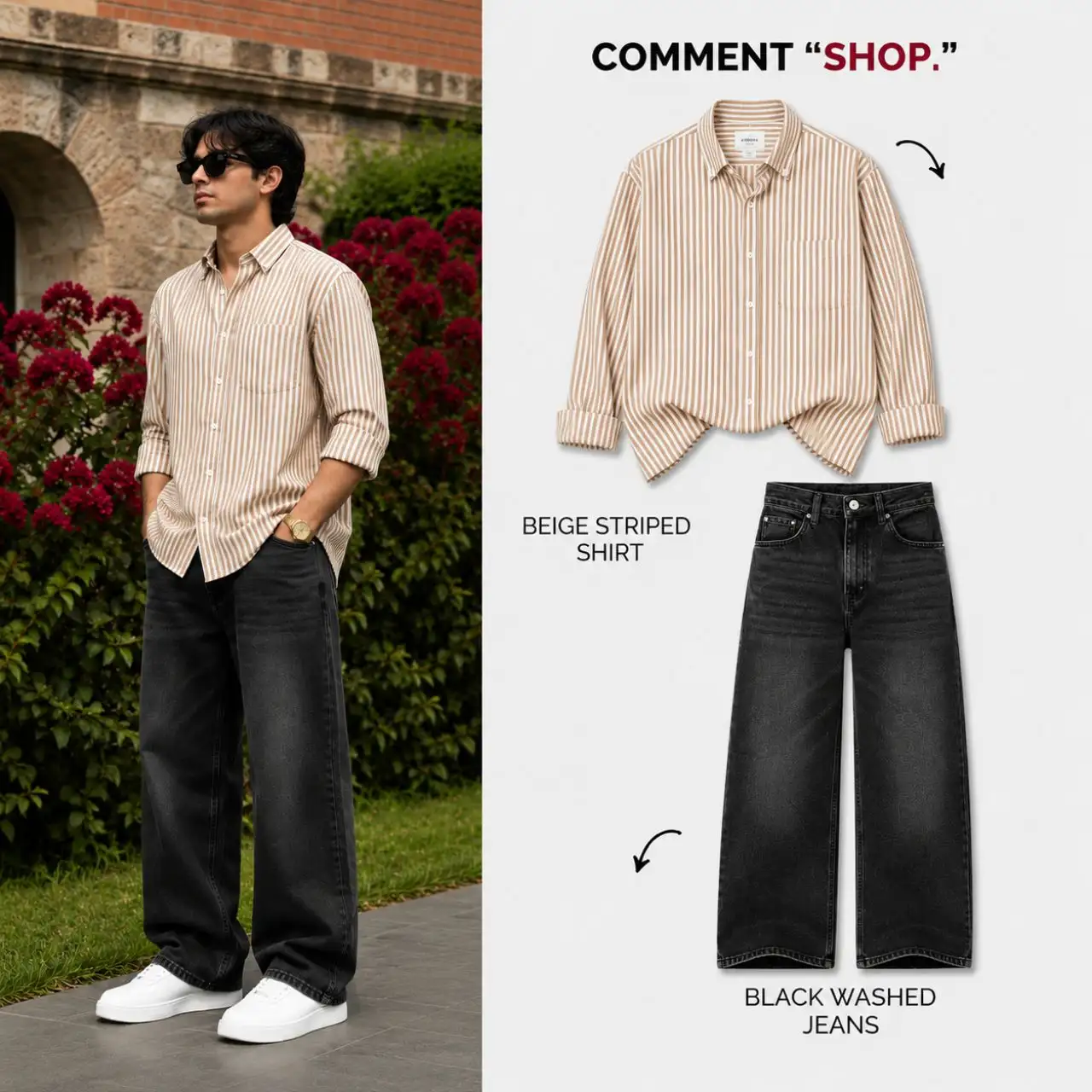 Casual Beige Striped Button-Down and Black Washed Wide-Leg Jeans Combo