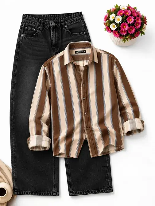 Retro Vertical Striped Shirt & Charcoal Black Jeans Combo