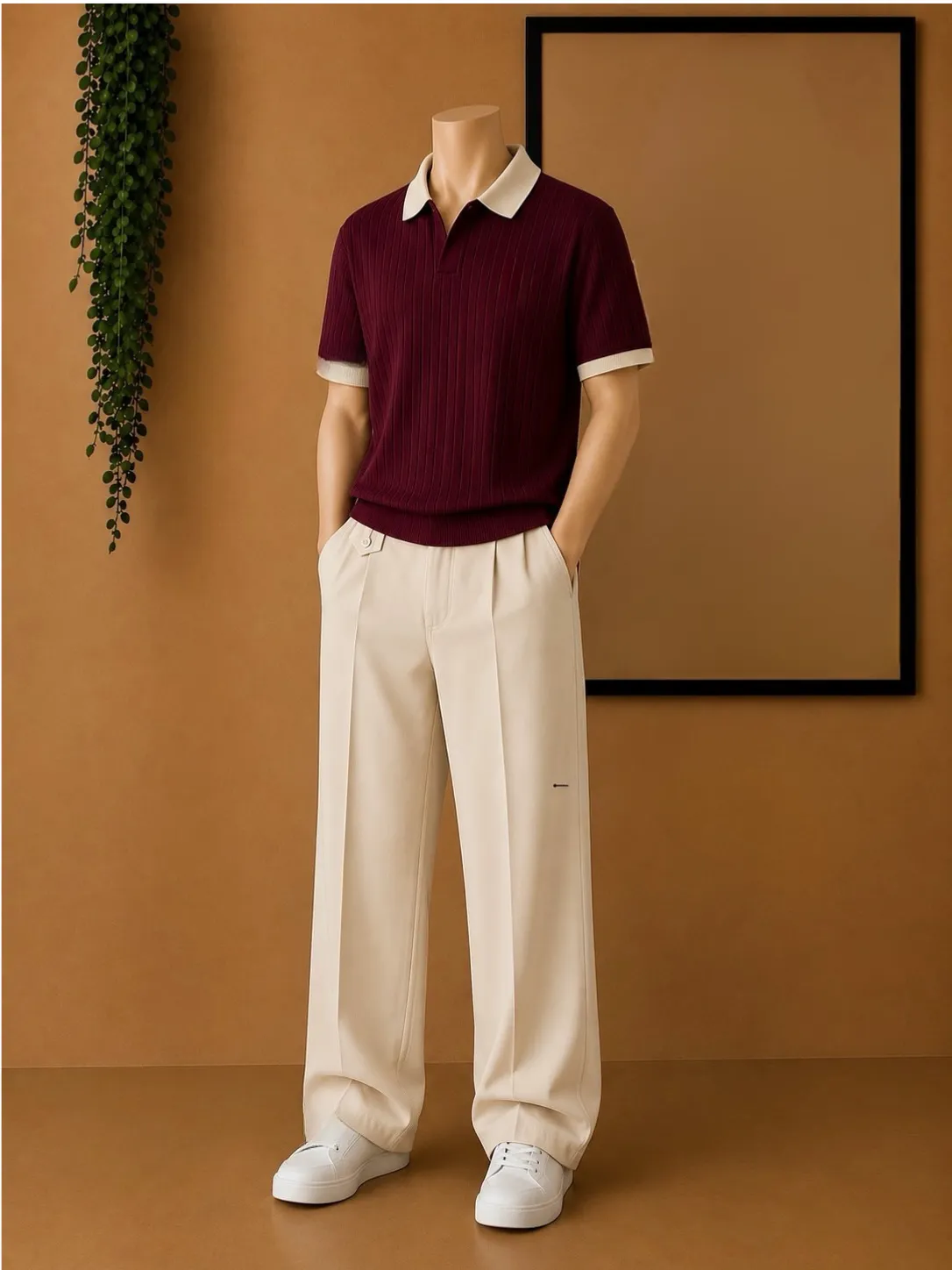 Smart Casual Maroon Ribbed Polo & Beige Trousers Combo