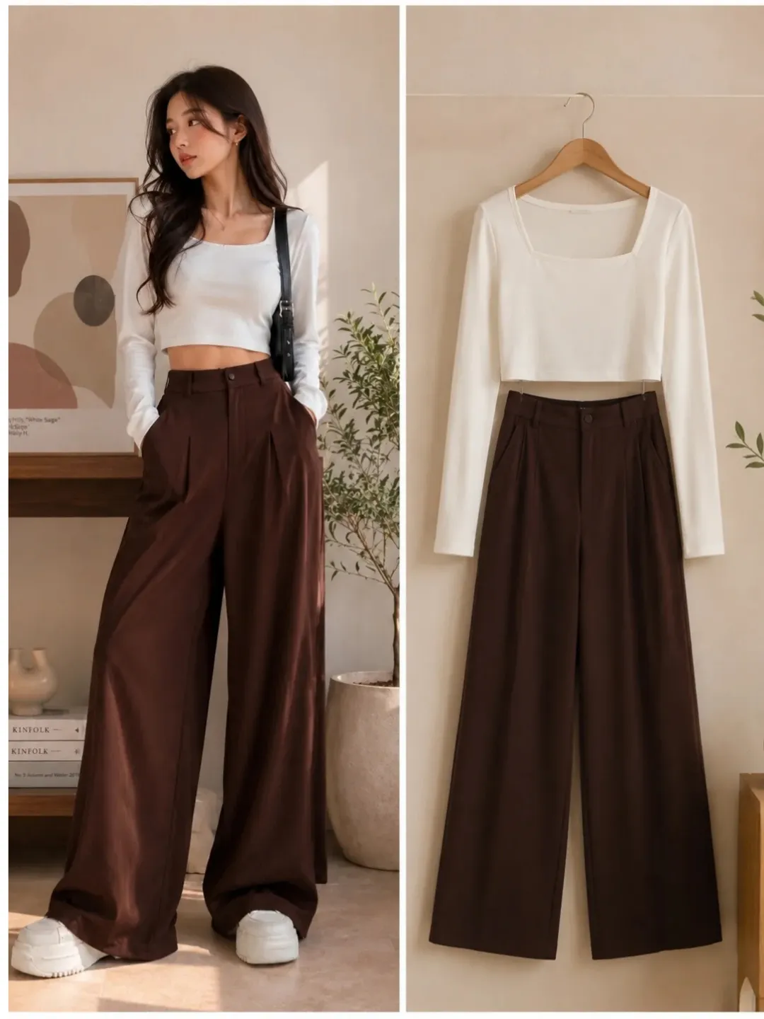 Chic Minimalist White Crop Top & Brown Wide-Leg Trousers Set
