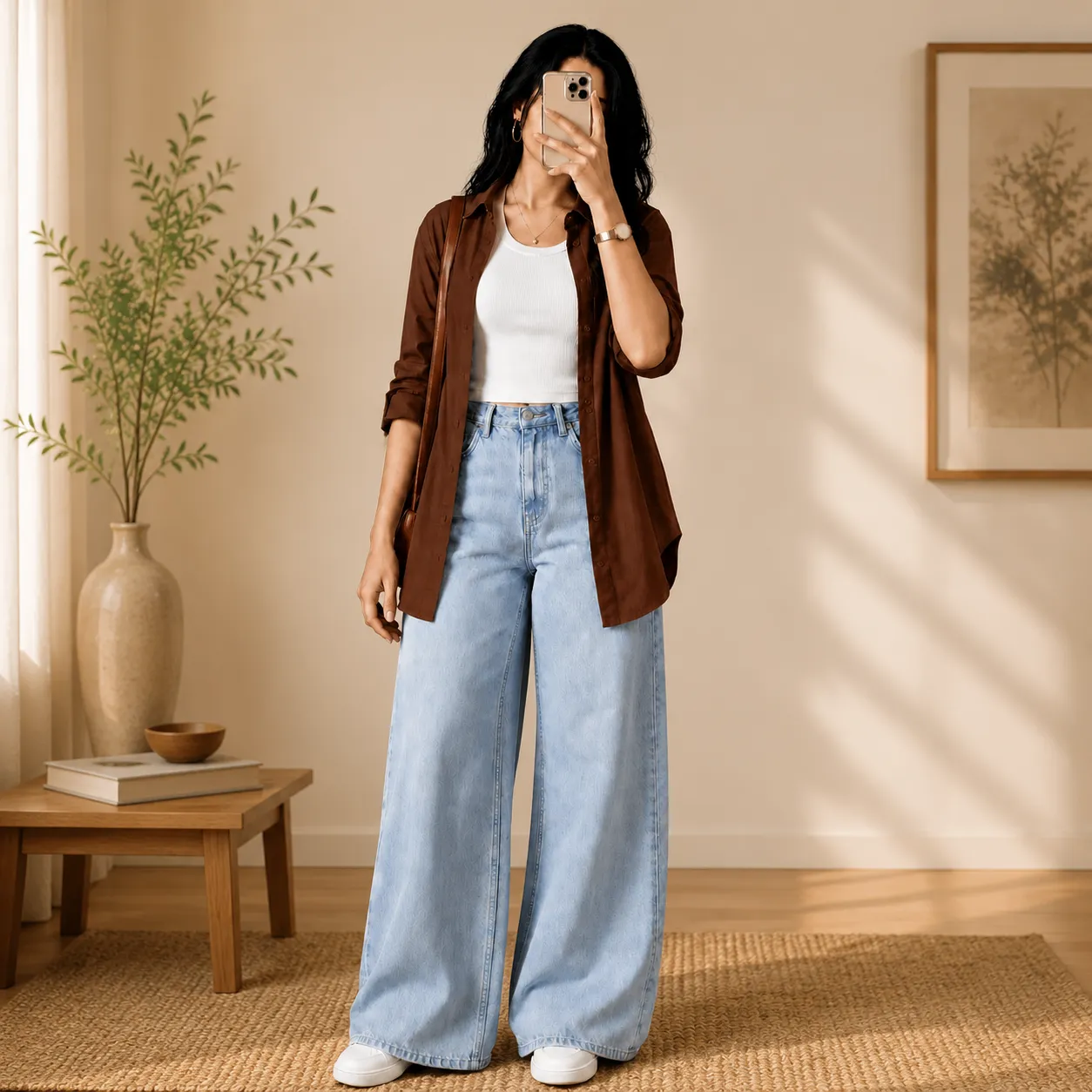 Effortless Street-Chic Chocolate Brown Shirt & Wide-Leg Denim Set