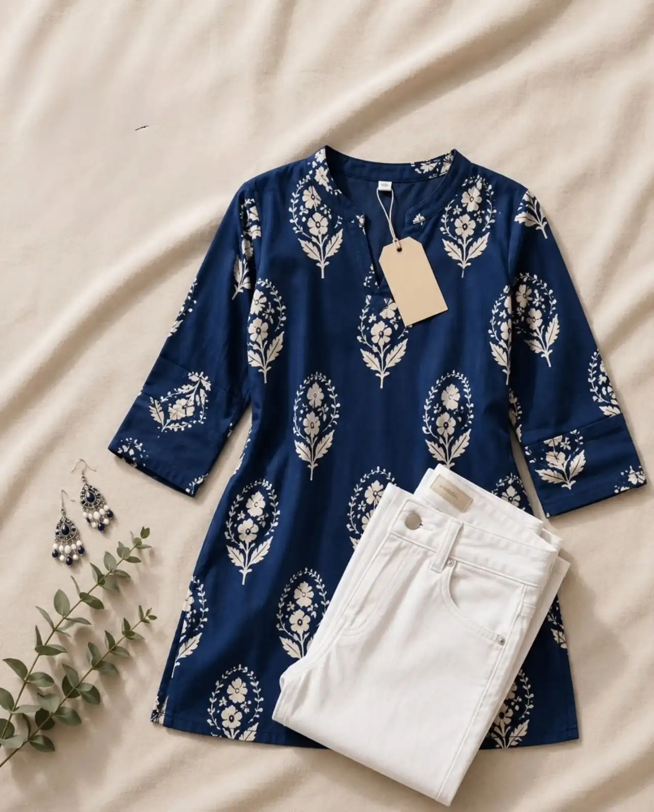 Women’s Navy Blue Printed Kurti with White Jeans Combo Set