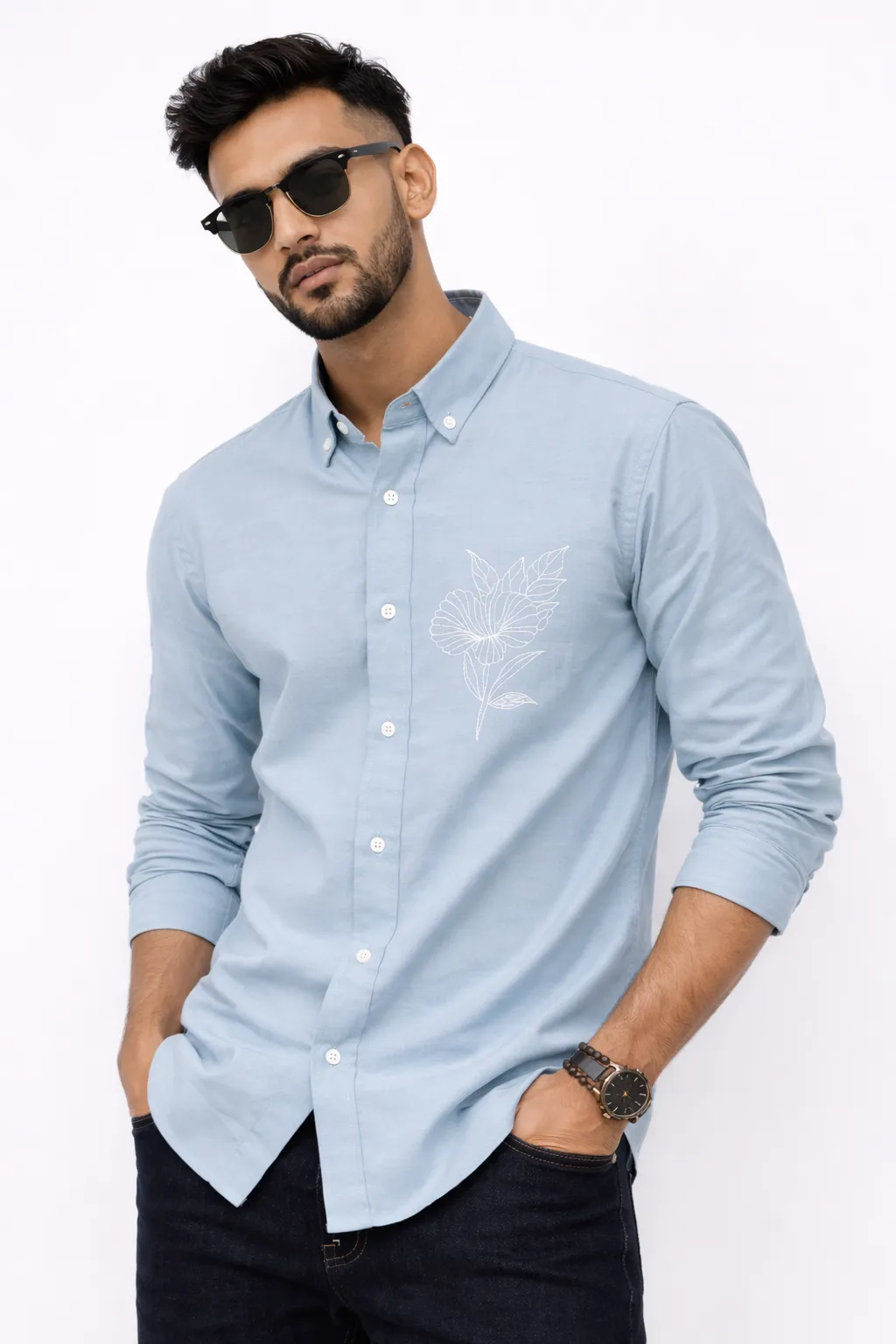 Men's Light Blue Flower Embroidered Shirt