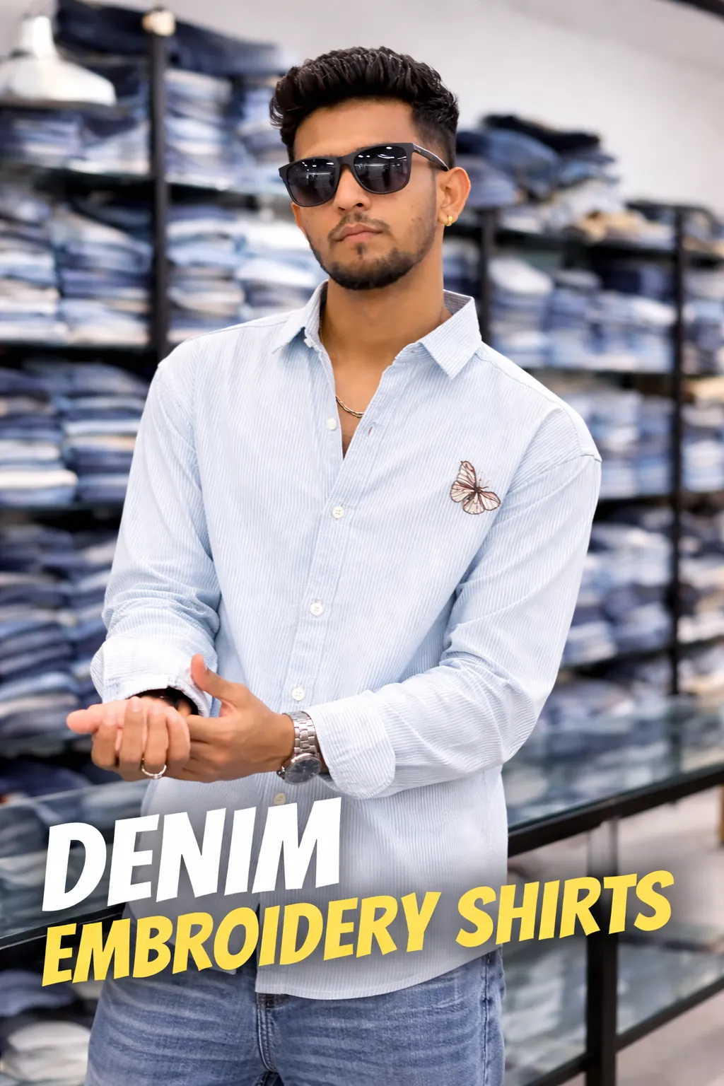 Men's Light Blue Striped Butterfly Shirt
