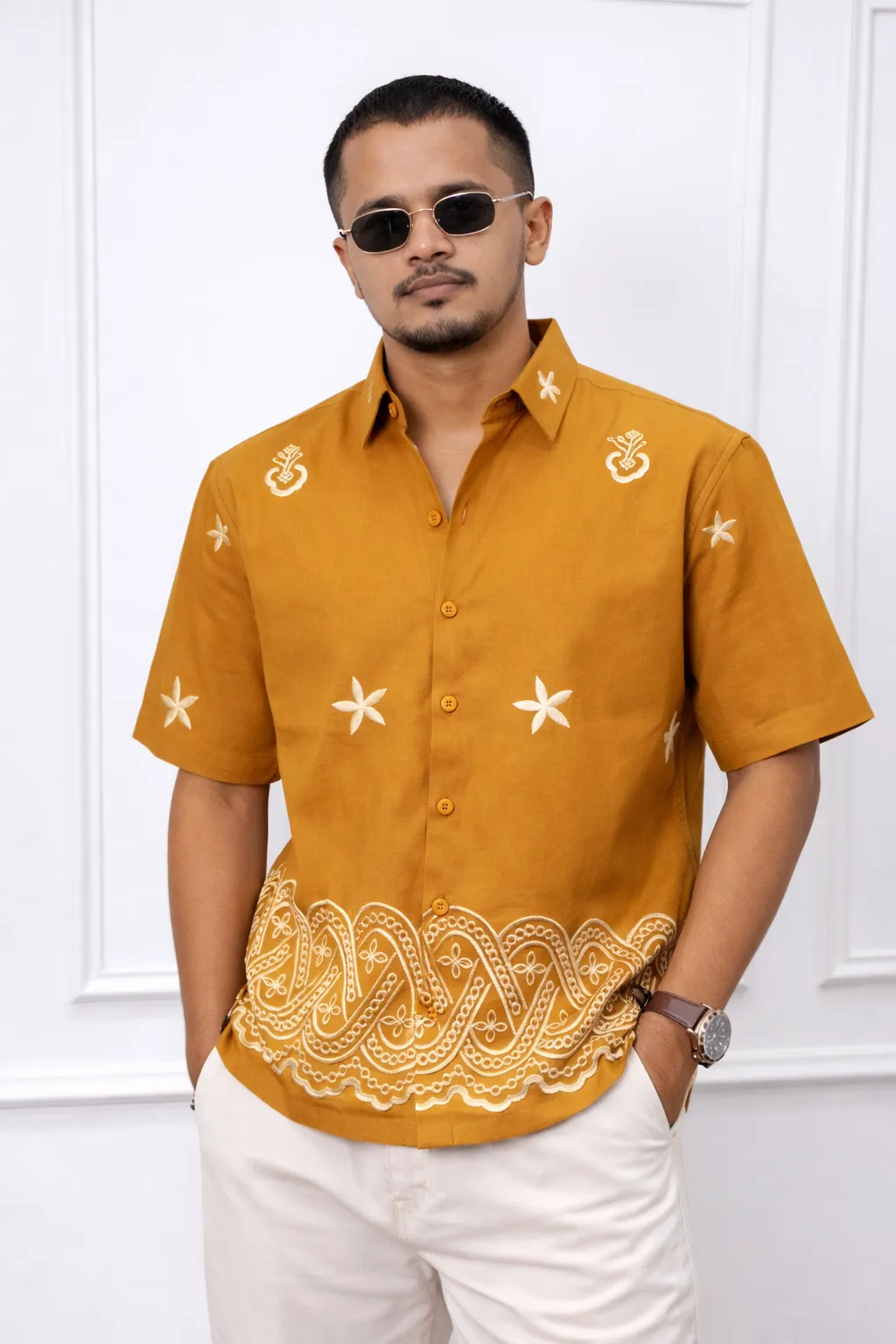 Men's Mustard Yellow Embroidered Shirt