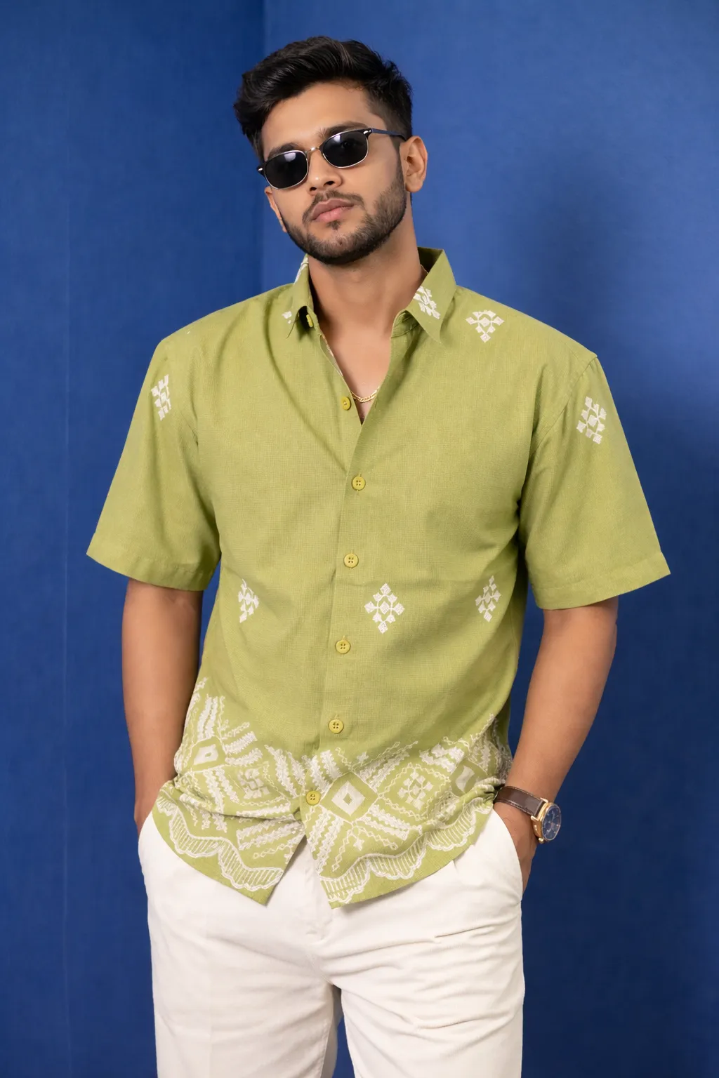 Men's Light Green Embroidered Resort Shirt