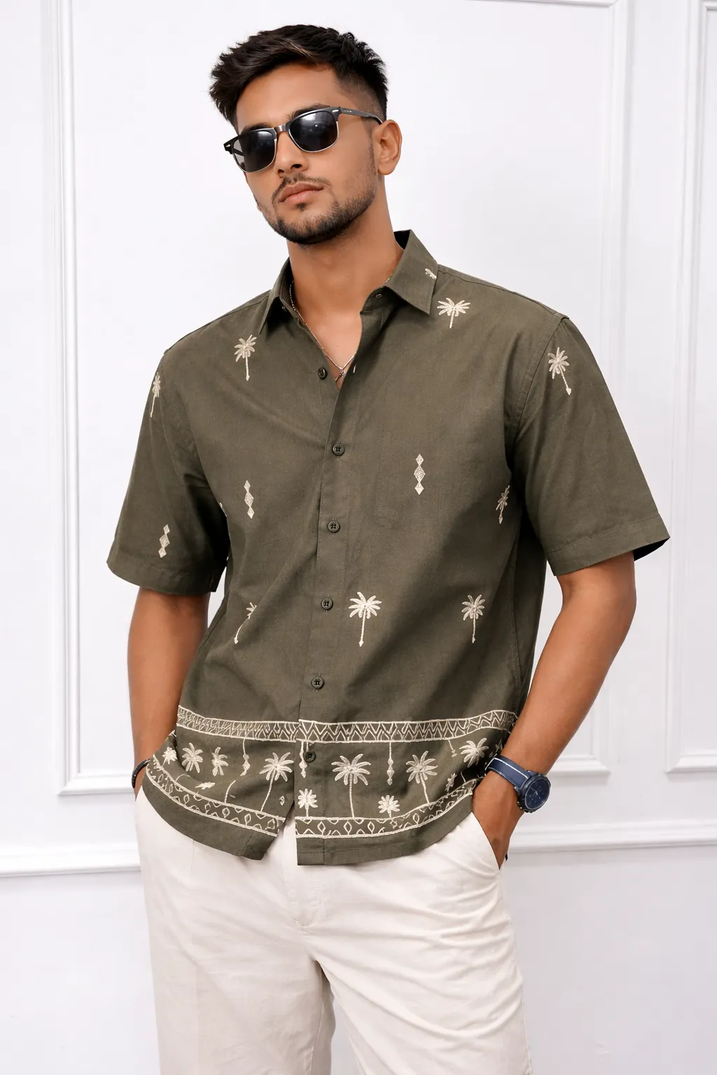Men's Olive Green Palm Embroidered Shirt