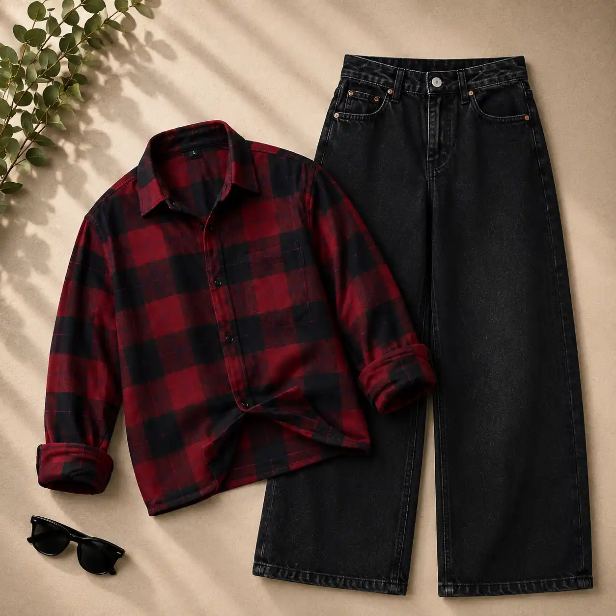 Red & Black Checkered Shirt with Black Wide-Leg Jeans Combo