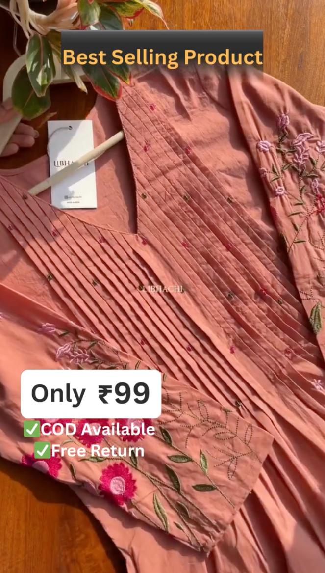 Peach Pintuck Embroidered Kurta