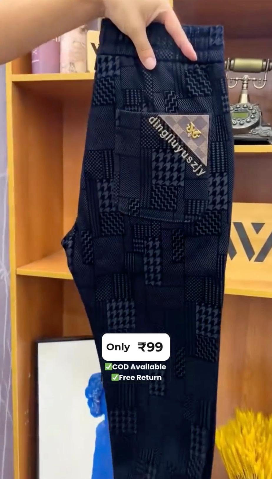 Men's Navy Blue Patterned Trousers