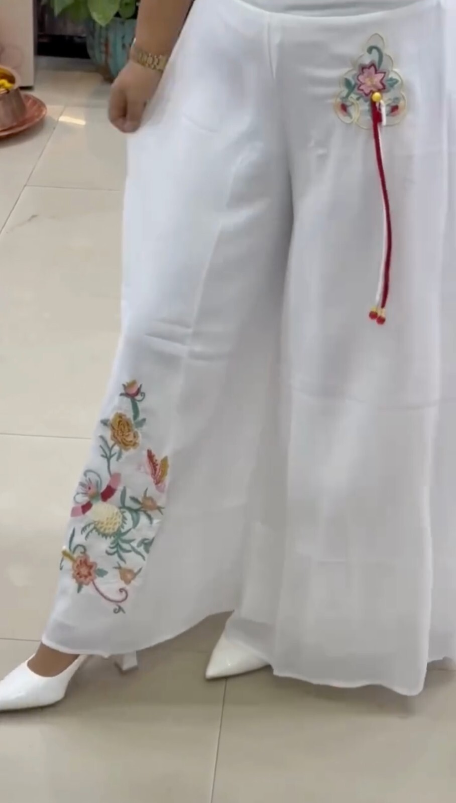 White Embroidered Wide Leg Pants
