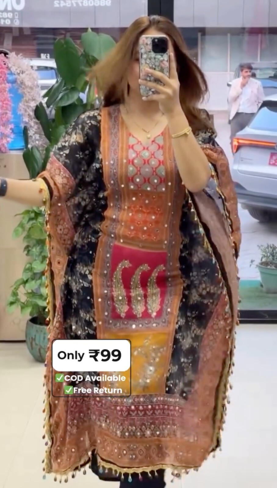 Printed Mirror Work Kaftan Set