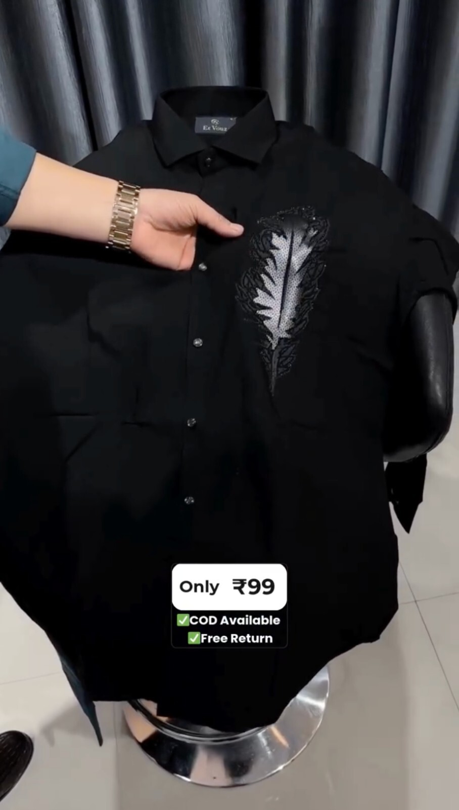 Men's Black Feather Applique Shirt