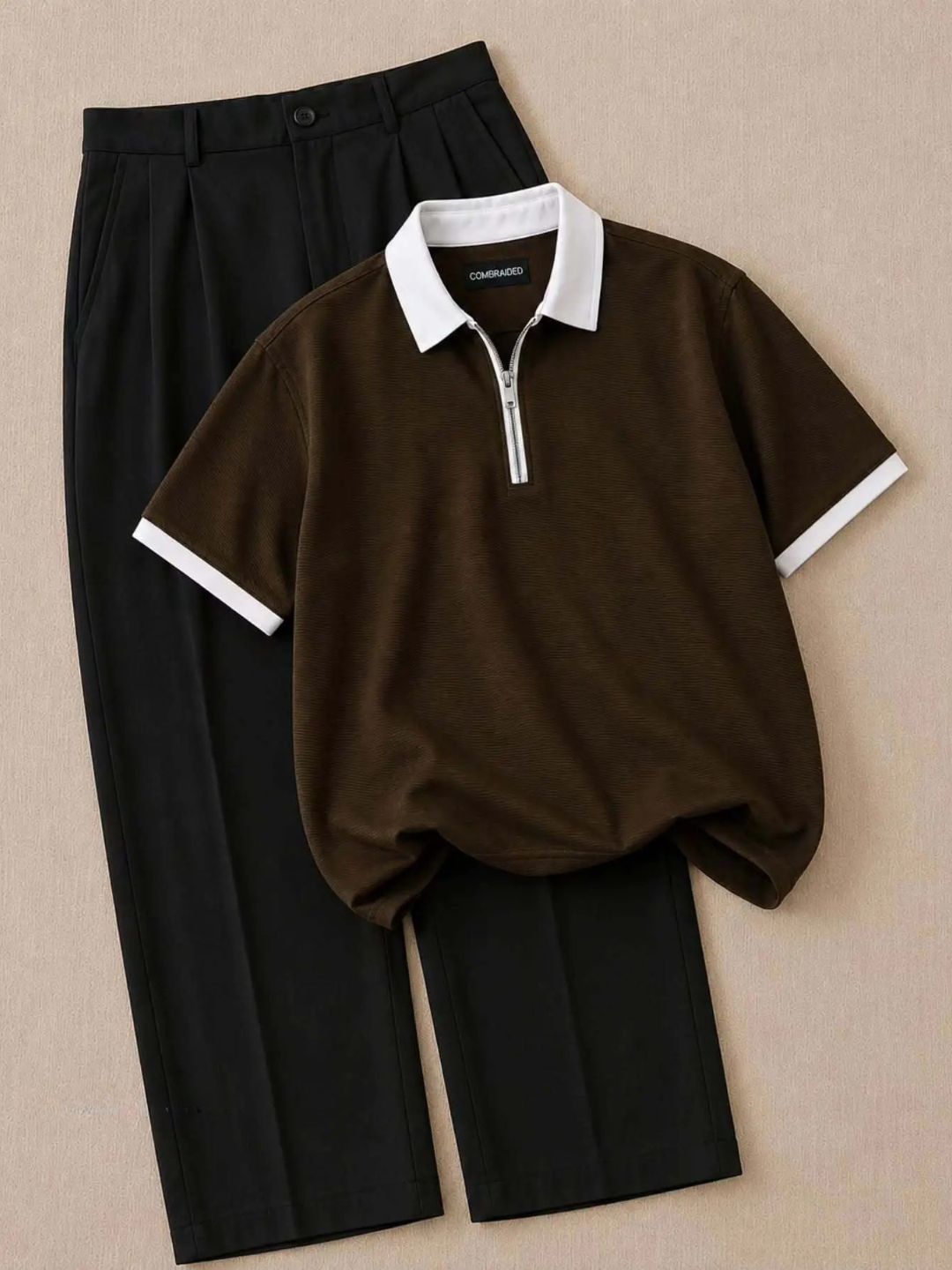 Men's Brown Knit Half-Zip Polo Shirt with White Trim and Black Pleated Trousers Combo